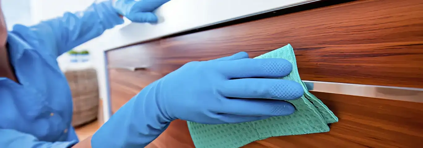 Cleaner wearing blue gloves wiping a wooden cabinet drawer with a microfiber cloth for dust and grime removal, Fargo, ND.