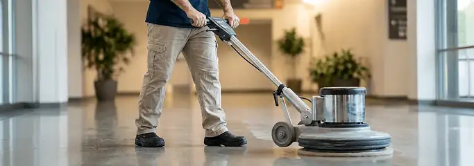 Professional technician using an industrial floor buffer to polish and maintain shiny commercial flooring in a corporate hallway in Fargo, ND.