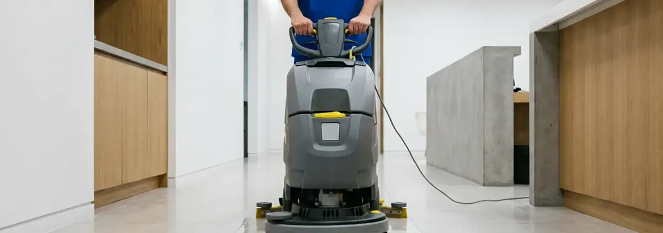 Janitorial staff using a floor scrubber machine to clean a commercial hallway, Fargo, ND.