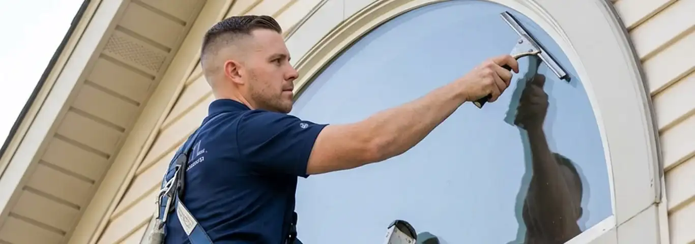 Professional window cleaner using a squeegee to clean an exterior arched window on a home, Fargo, ND.