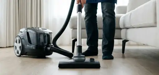 Professional house cleaner vacuuming a living room floor with a canister vacuum cleaner, Fargo, ND.