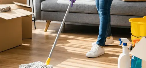 Move-out cleaning setup with a cleaner mopping hardwood floors near moving boxes and cleaning supplies, Fargo, ND.