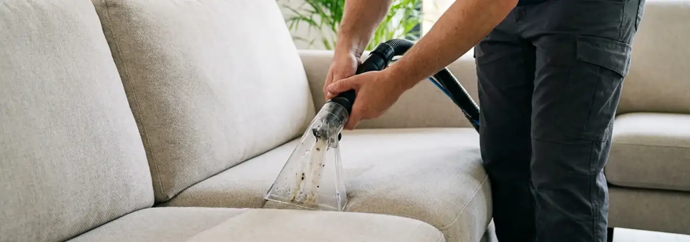 Technician extracting dirt and moisture from a fabric sofa with an upholstery cleaning wand, Fargo, ND.