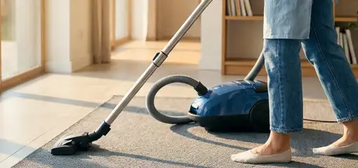 Person vacuuming a living room rug with a canister vacuum cleaner near large windows, Fargo, ND.